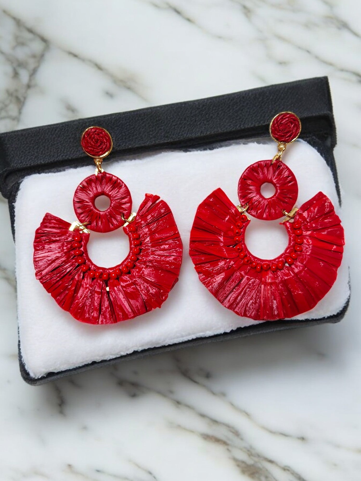 Scarlet Fringe Radiance - Handmade Statement Earrings