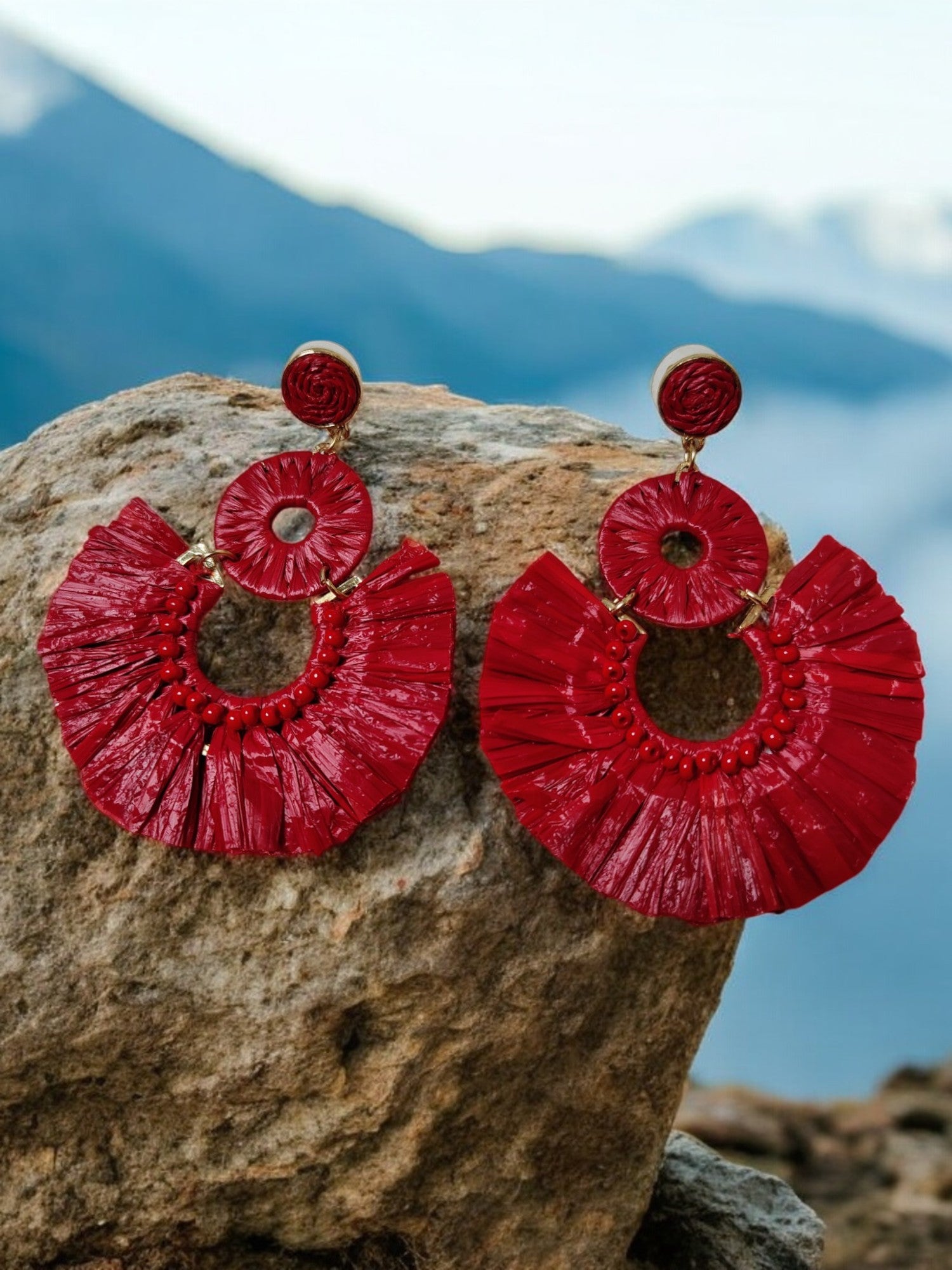 Scarlet Fringe Radiance - Handmade Statement Earrings