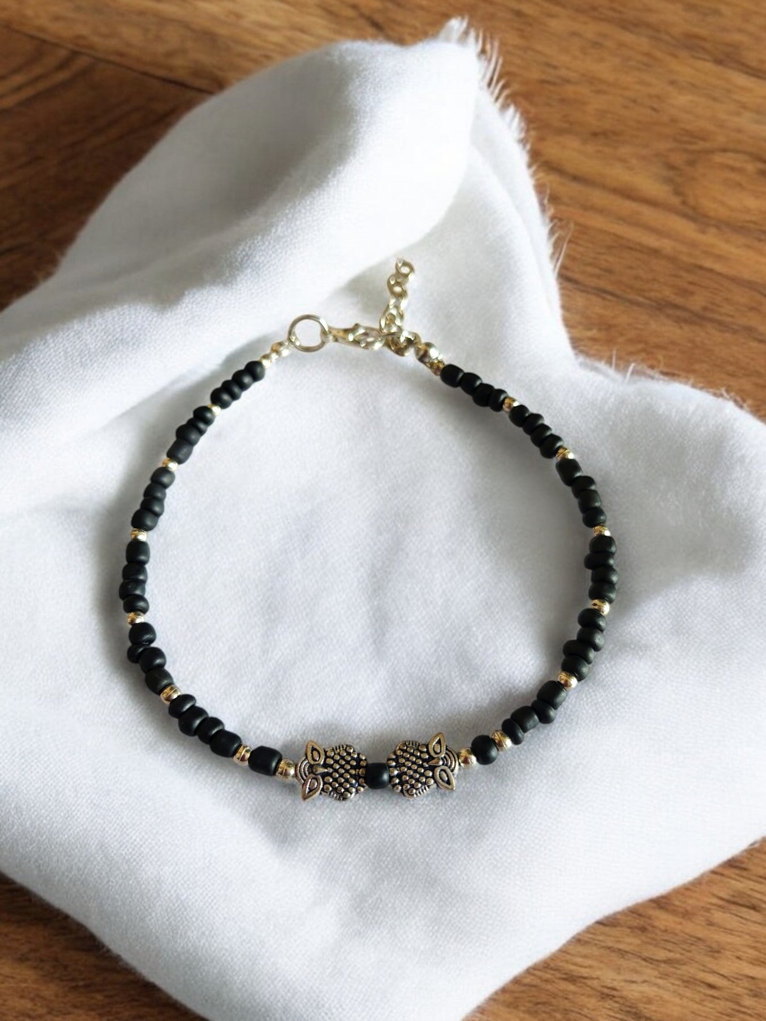 Black Owl Charm Anklet - Handmade