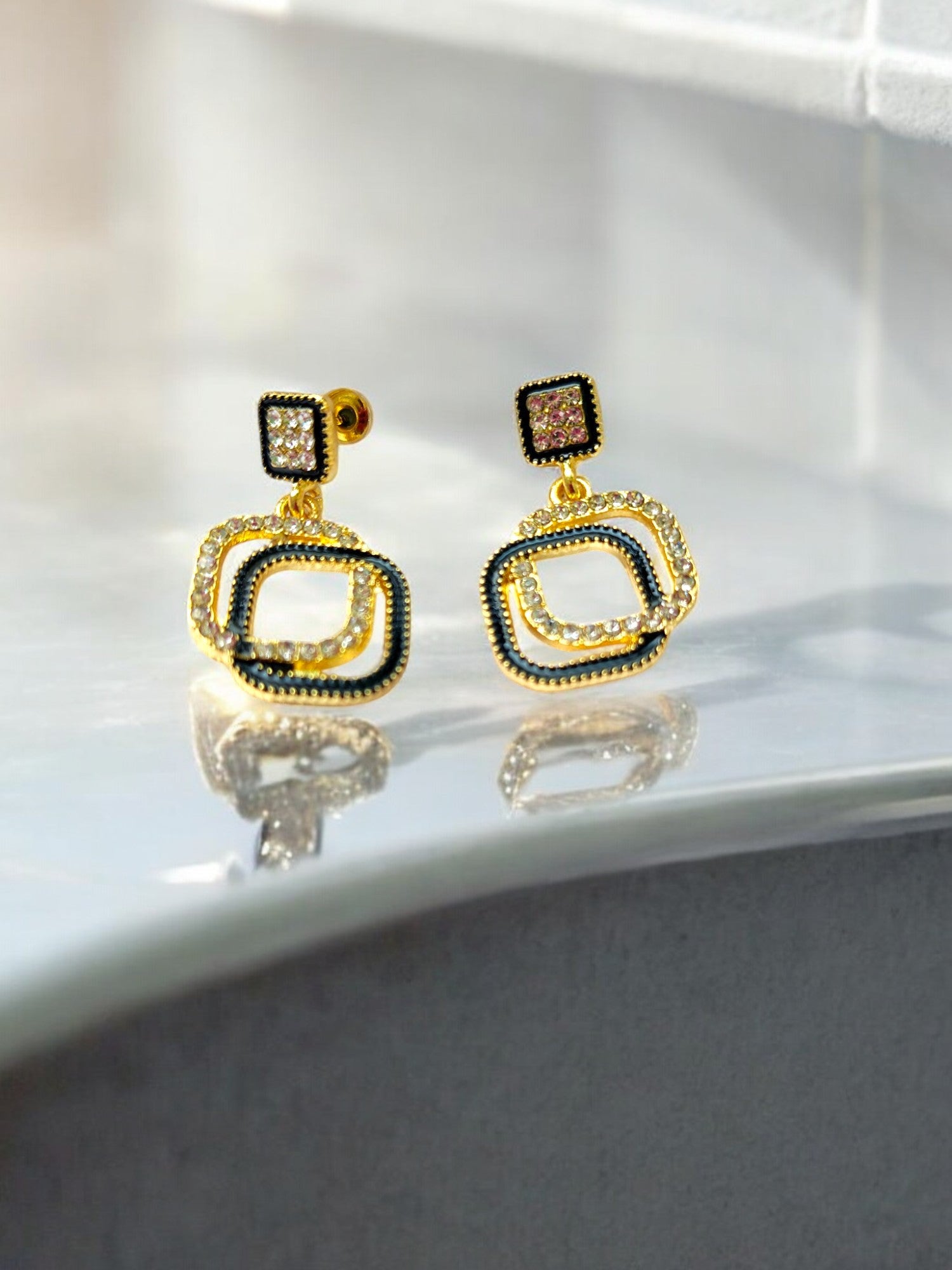 Anti Tarnish Black & Golden  Shine Drop Earrings