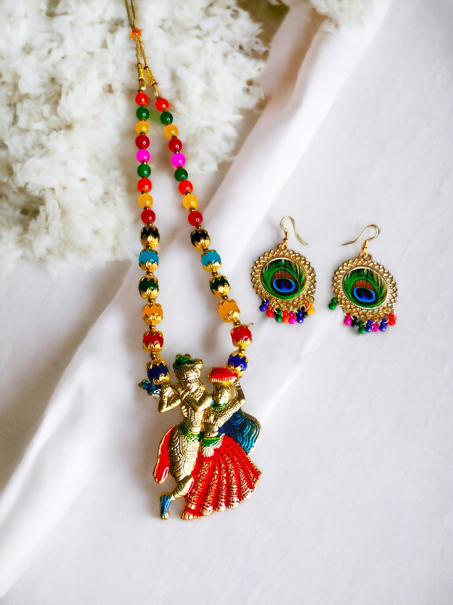 Radha Krishna Harmony Necklace  With Matching Earrings-Handmade