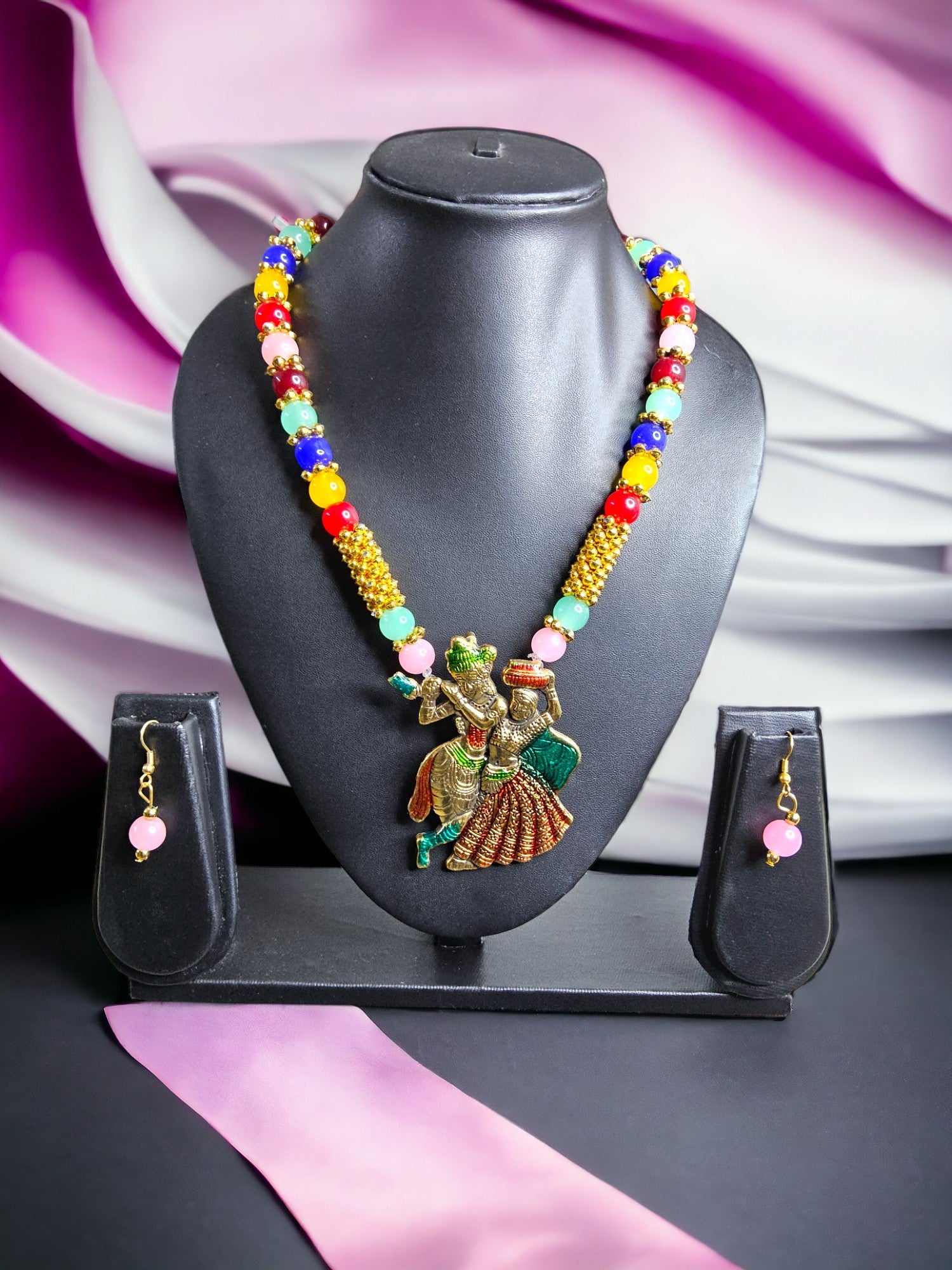 Cultural Melody Multi-Coloured Radha Krishna Handmade Everyday Wear Necklace With Matching Earrings