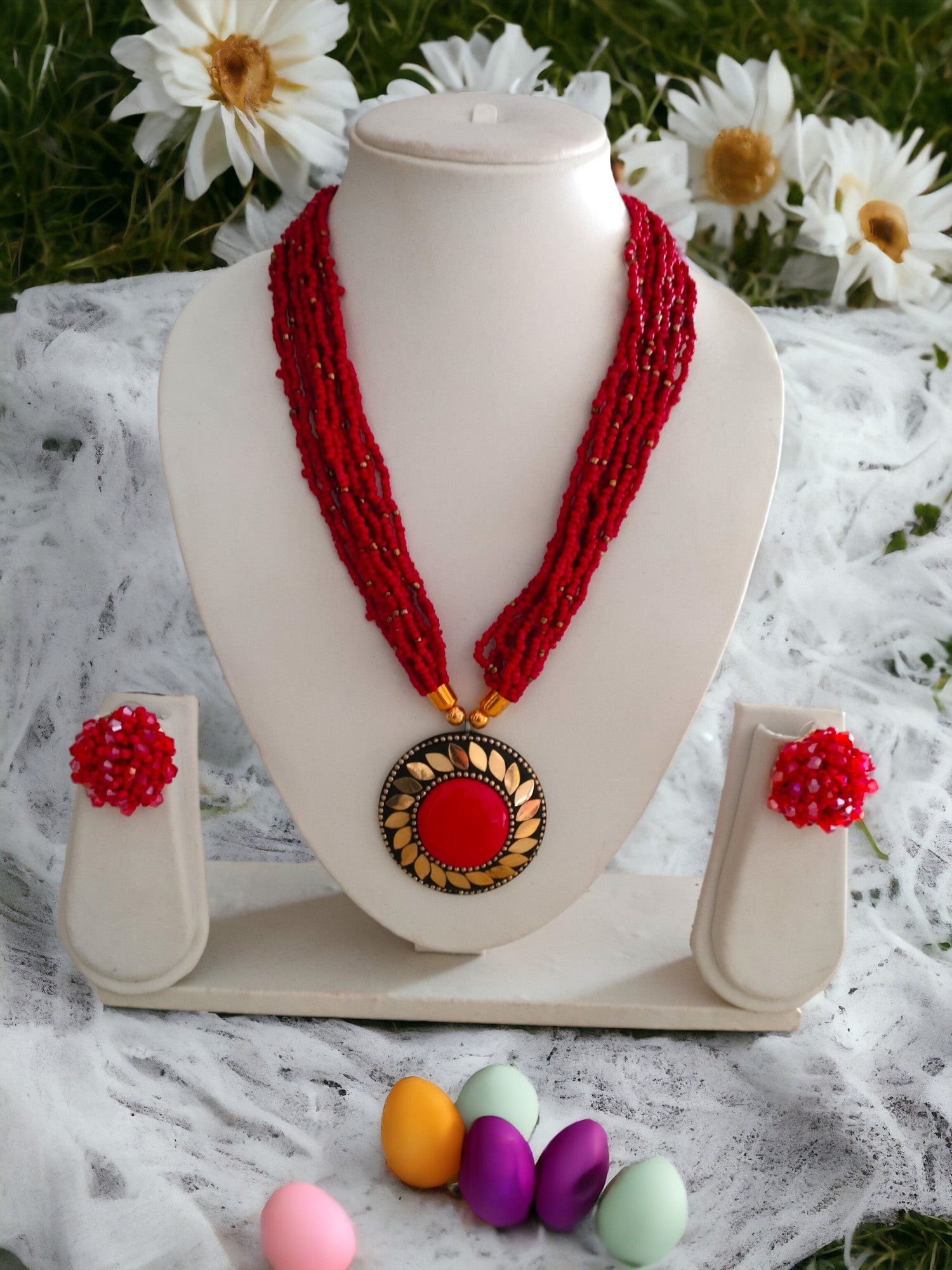 Handmade Multilayered Pendant Beaded Necklace Set With Matching Earrings - 12 Colours Available